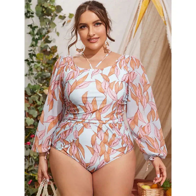 Bañador plus size con manga larga y estampado de hojas