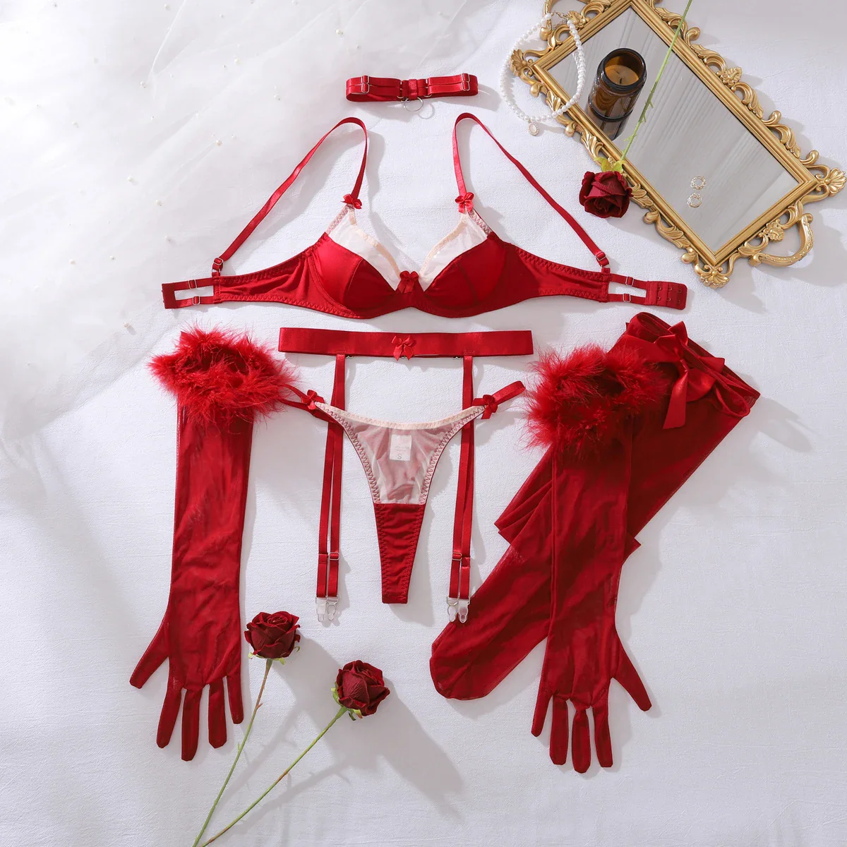 Conjunto de lencería con guantes y ribete de pelo sintético Valerie - Image 6
