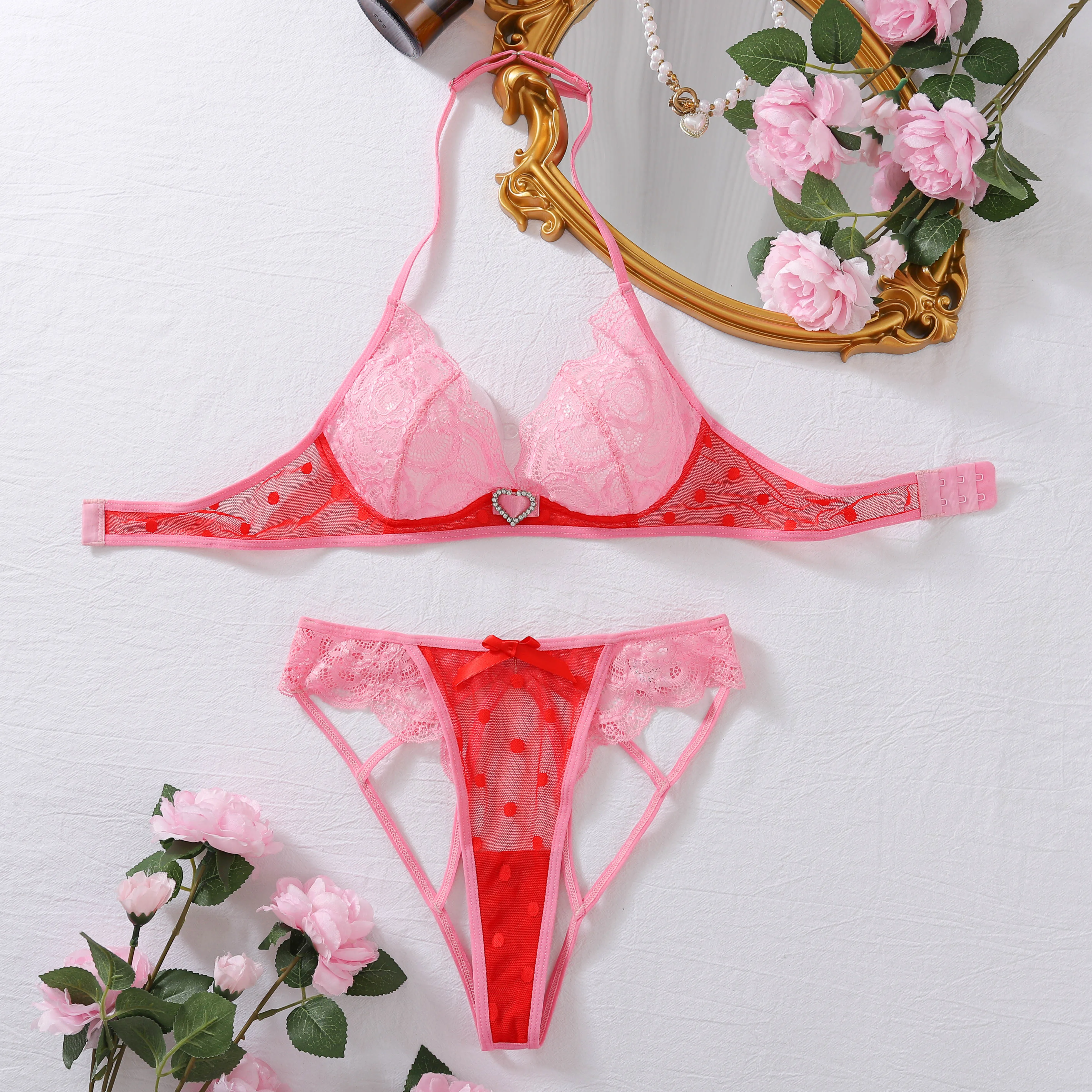 Conjunto de lencería con ribete de encaje rosa Angelina - Image 6