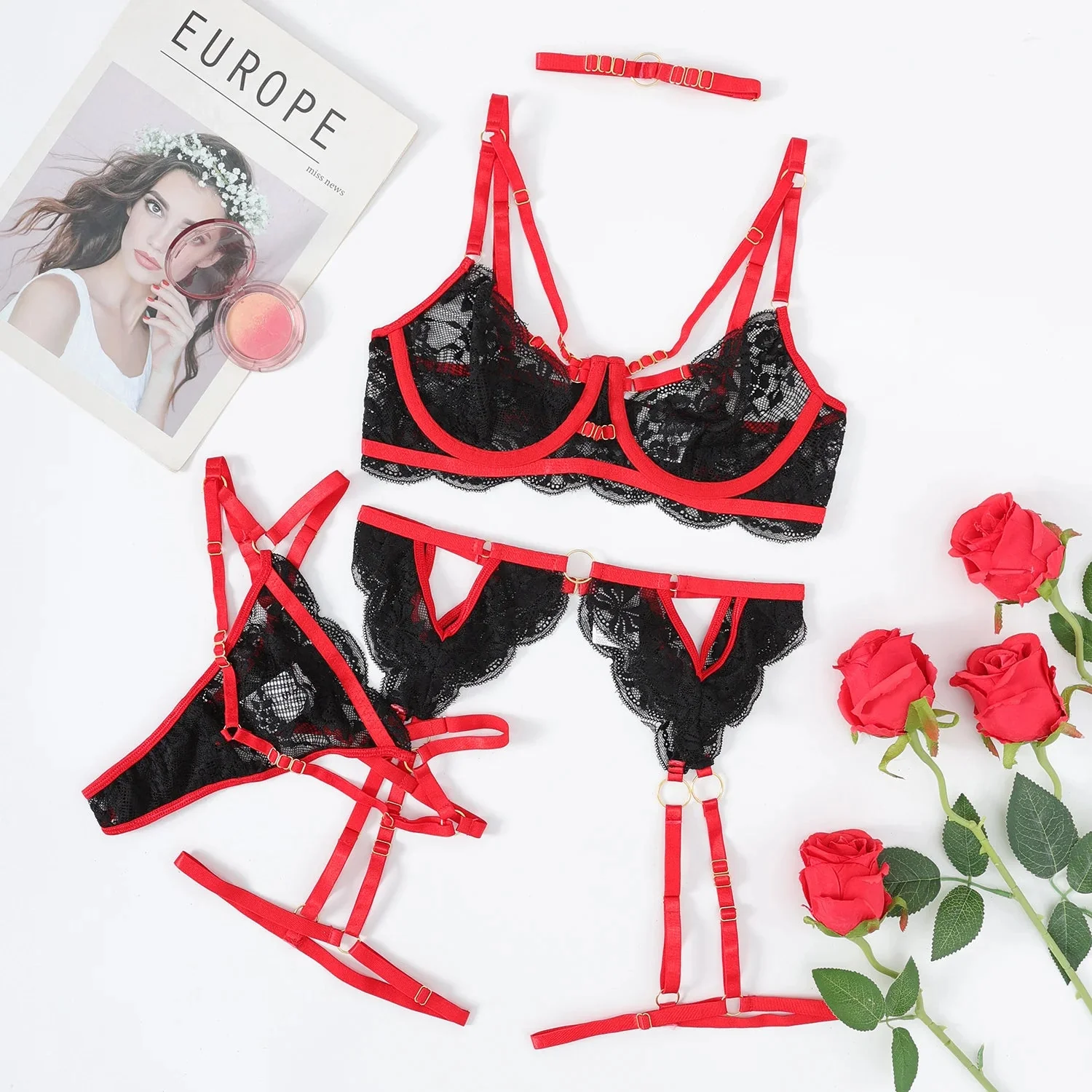 Conjunto de lencería de encaje con ribete rojo Jenny - Image 6