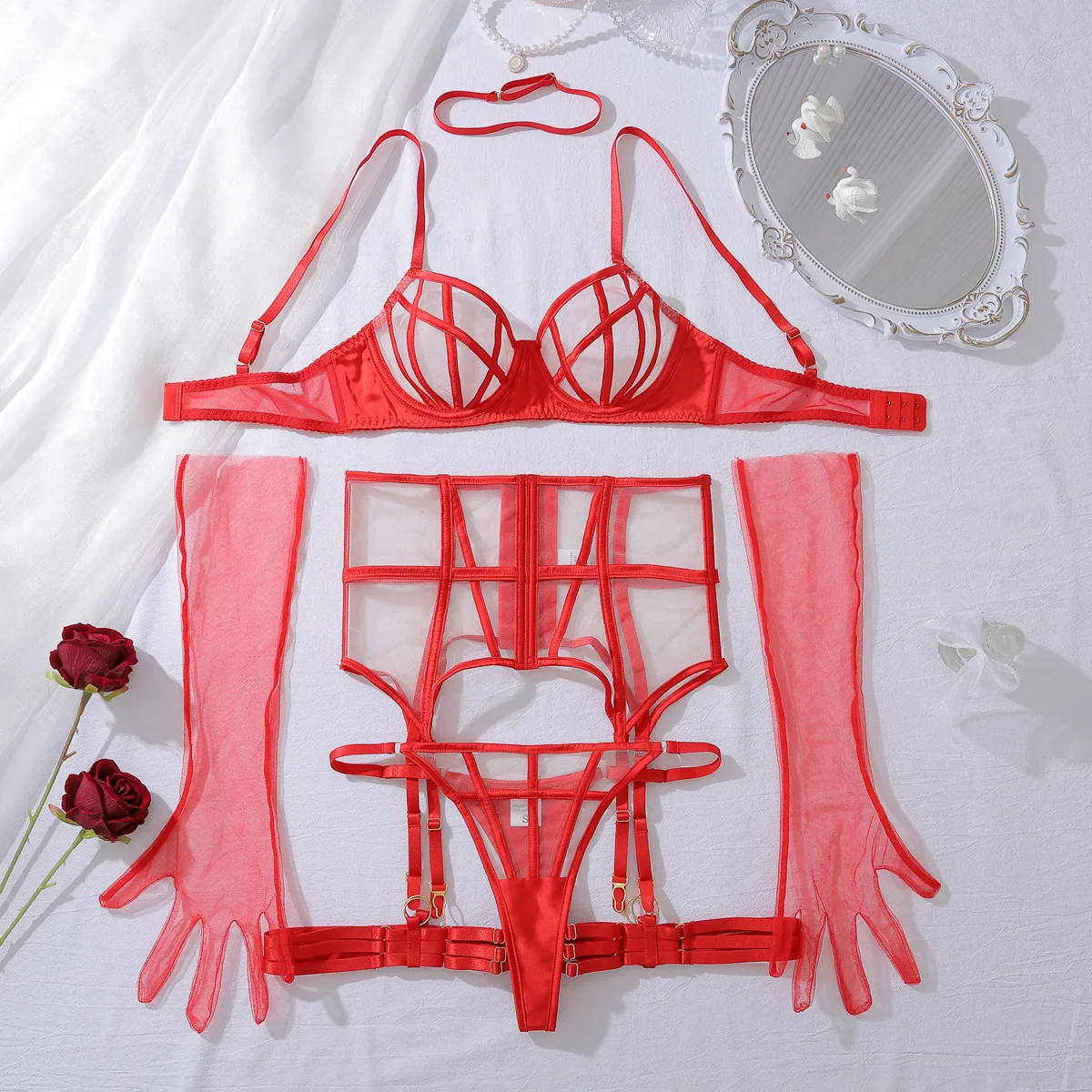 Conjunto de lencería de malla con guantes Pauline - Image 8