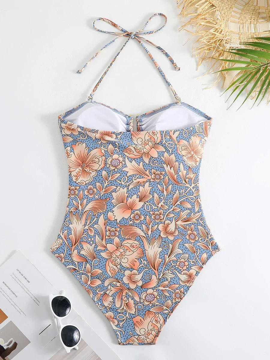 Traje de baño de una pieza con estampado y lazado en cuello - Image 2